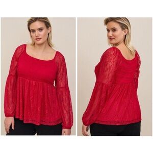 Torrid Red Babydoll Smocked Sheer Lace Sleeves Square Neck Size 3X